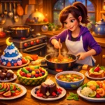 Bunte In-Game-Kochszene aus Disney Dreamlight Valley mit fröhlicher Figur und fantasievollen Gerichten in Küche.