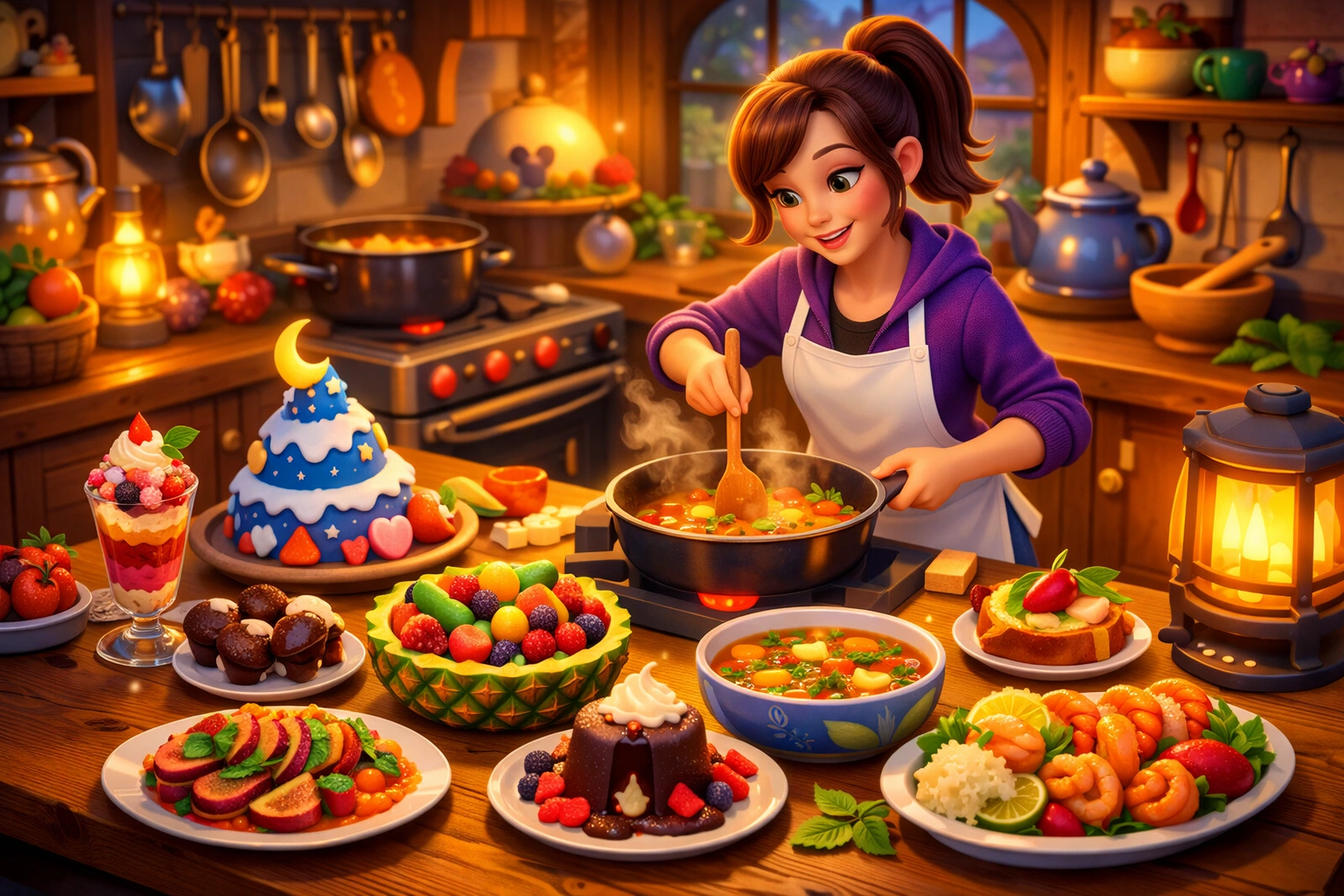 Bunte In-Game-Kochszene aus Disney Dreamlight Valley mit fröhlicher Figur und fantasievollen Gerichten in Küche.