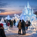 Leuchtende Eisskulpturen und Besucher bei der Eiswelt Scharbeutz an der Ostsee im Winterabend.