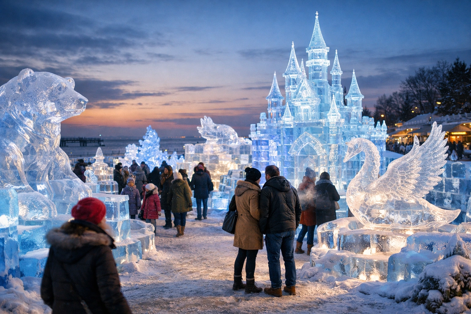 Leuchtende Eisskulpturen und Besucher bei der Eiswelt Scharbeutz an der Ostsee im Winterabend.