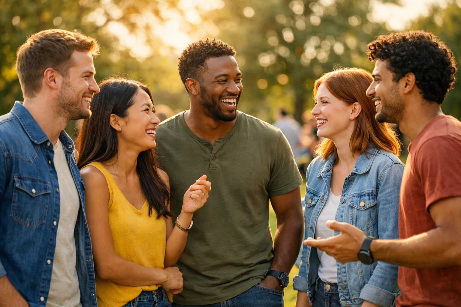 Junge Erwachsene lachen im Park, lernen sich kennen und knüpfen neue Freundschaften bei warmem Licht.
