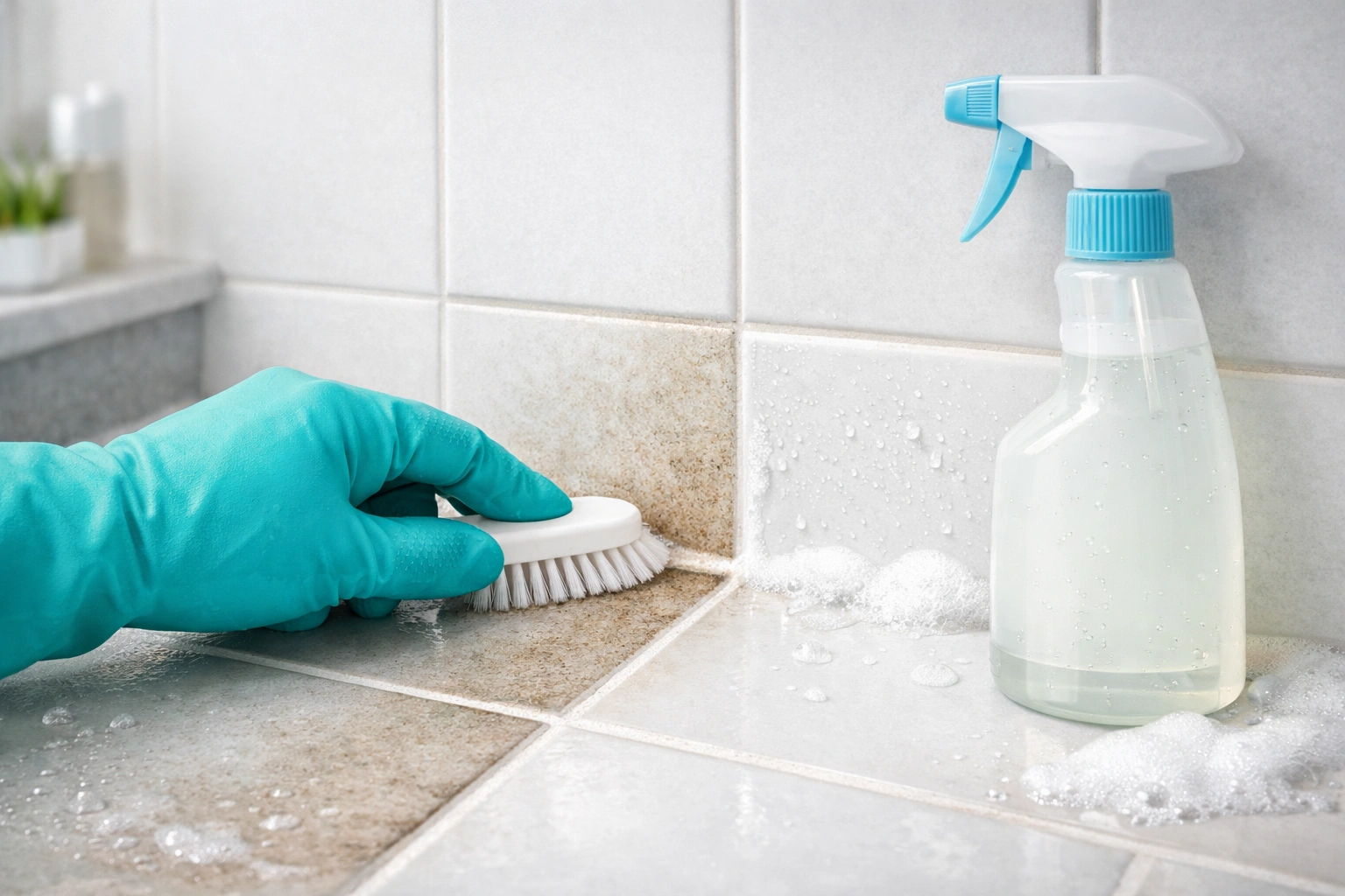 Hand mit Haushaltshandschuh reinigt Fliesenfugen im Bad, Reinigerflasche daneben, sichtbarer Vorher-Nachher-Effekt.