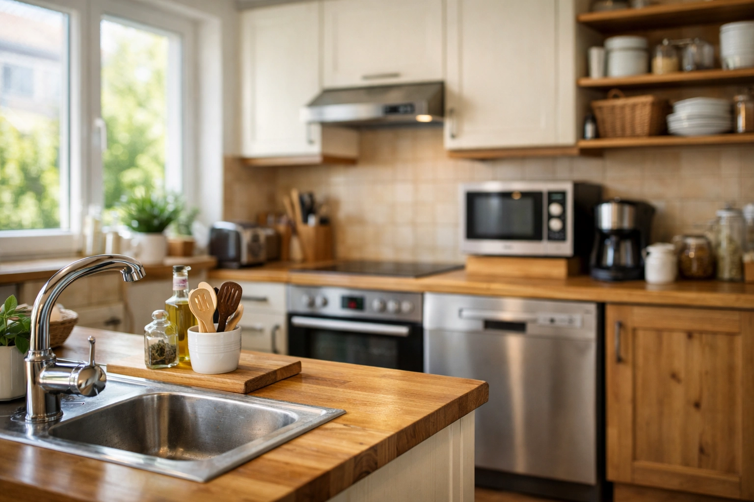 Helle, gepflegte gebrauchte Küche mit Holzarbeitsplatte, Einbaugeräten und viel natürlichem Tageslicht.