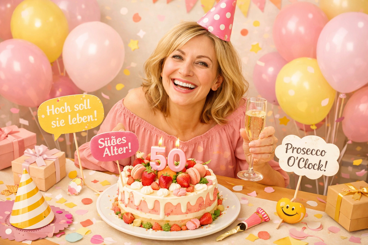 Fröhliche Frau feiert Geburtstag mit Kuchen, Luftballons, Geschenken und lustigen Party-Schildern.