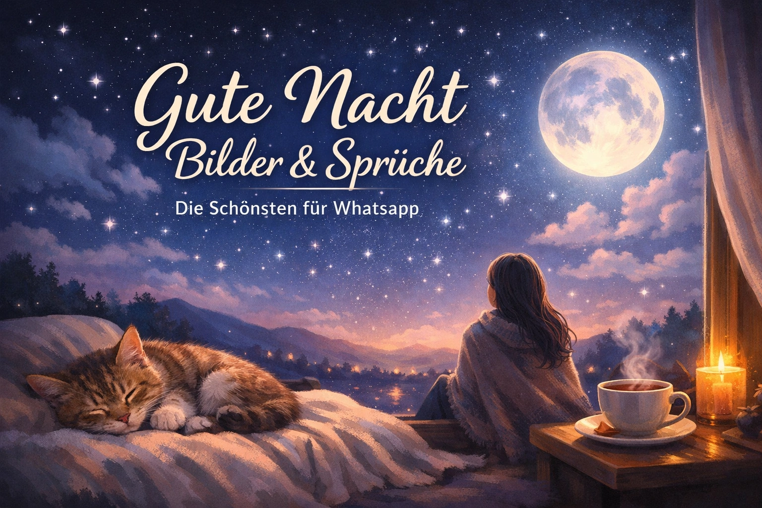 Ruhige Gute-Nacht-Szene mit Mond, Sternenhimmel, schlafender Katze, Person am Fenster und warmer Abendstimmung.