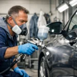 Erfahrener Autolackierer lackiert präzise die Karosserie eines modernen Fahrzeugs in sauberer Werkstatt.