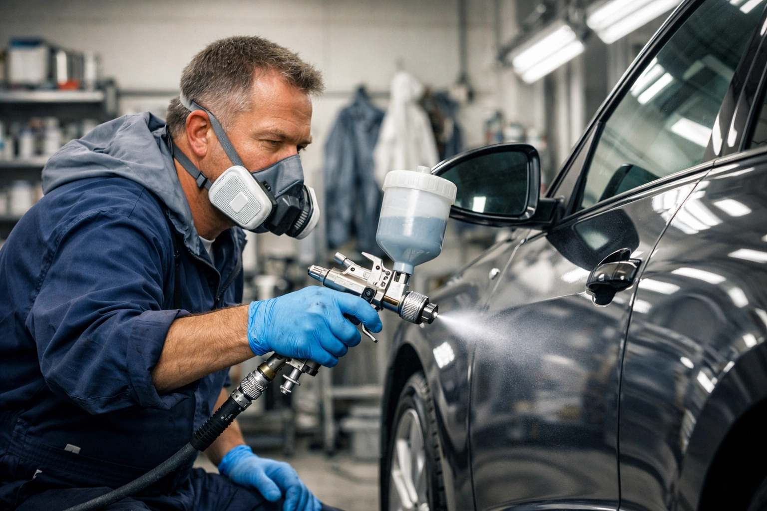 Erfahrener Autolackierer lackiert präzise die Karosserie eines modernen Fahrzeugs in sauberer Werkstatt.