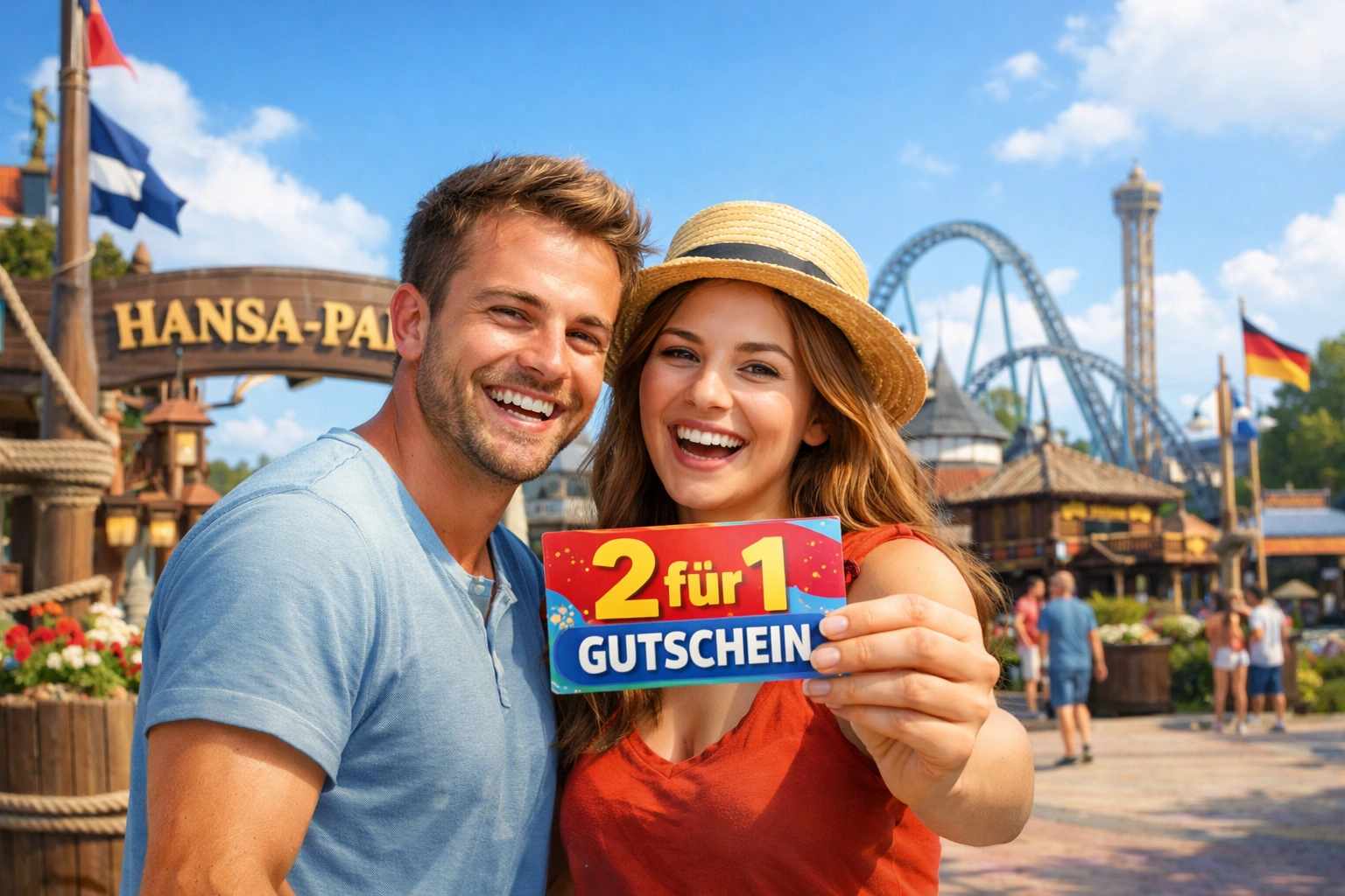 Fröhliches Paar am Eingang eines Freizeitparks hält einen 2-für-1-Gutschein bei sonnigem Sommerwetter.