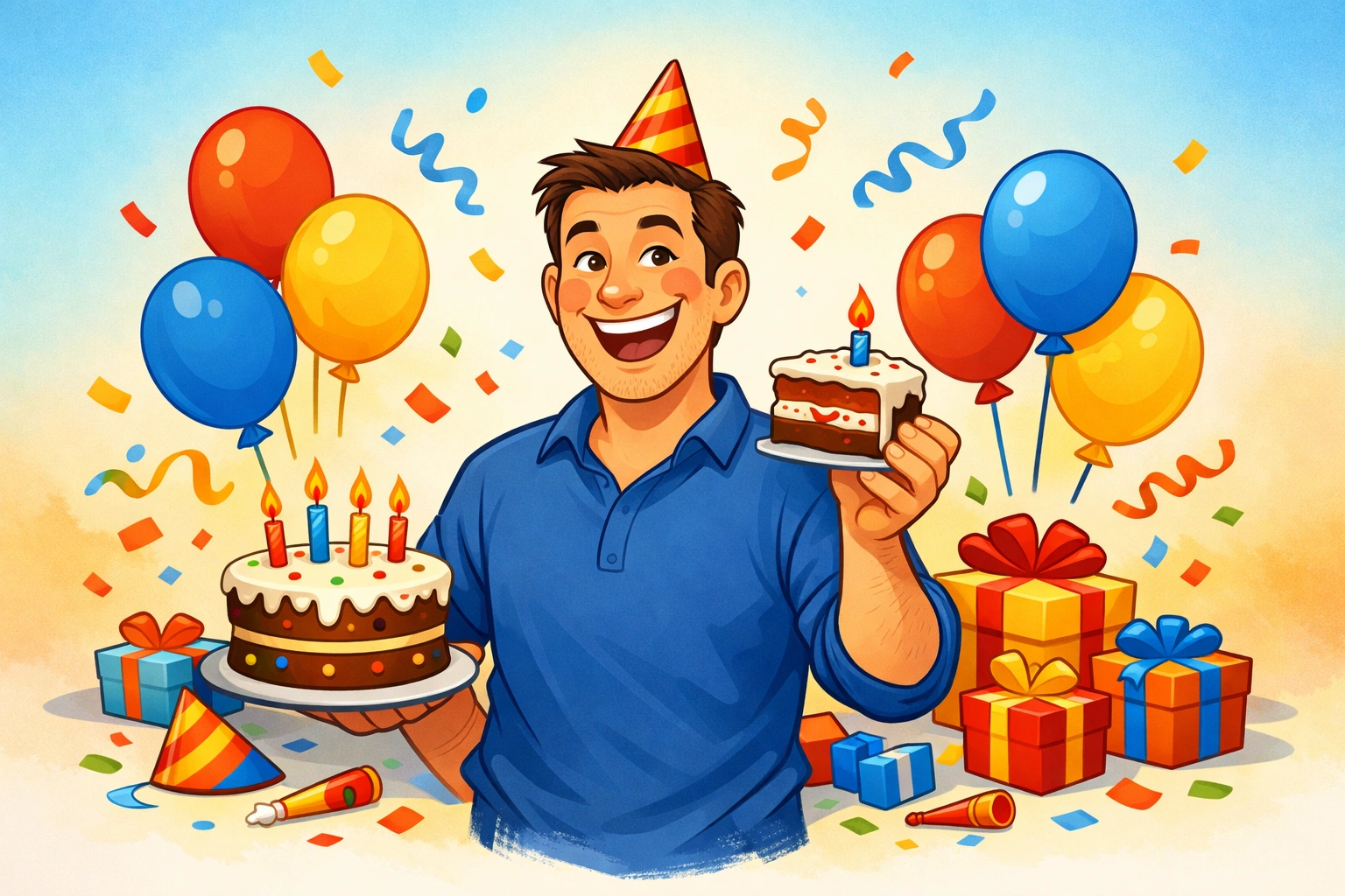 Fröhliche Cartoon-Illustration eines Mannes mit Partyhut, Kuchen und Geschenken in bunter Geburtstagsstimmung.