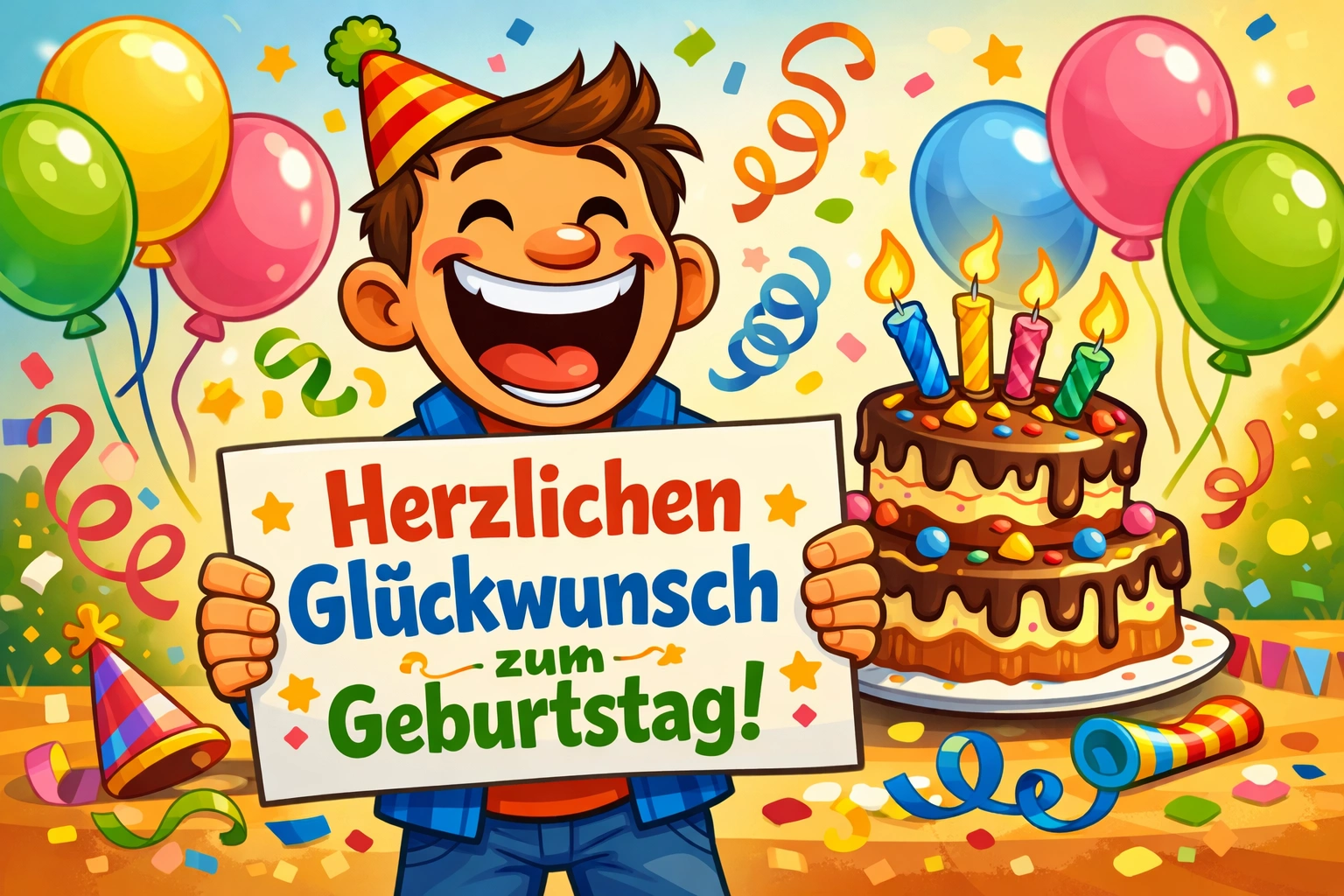 Fröhliche Cartoon-Figur hält ein Geburtstagsschild neben bunter Torte, Luftballons und Konfetti.