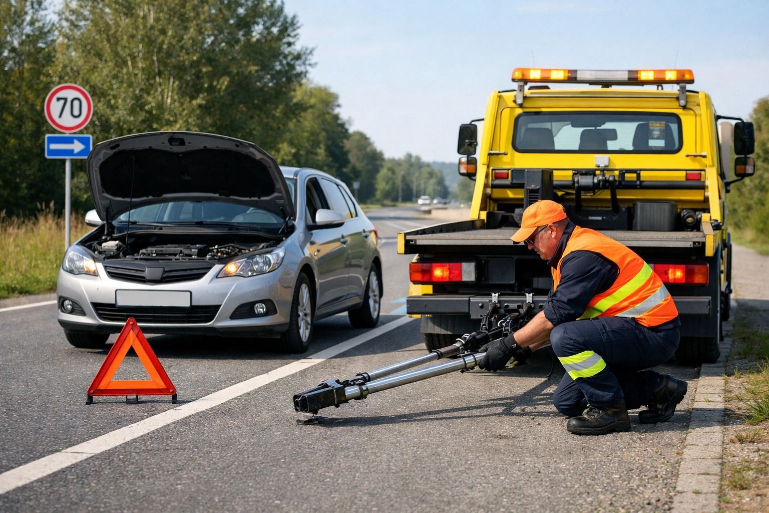 Defekter Pkw wird deutscher Landstraße mit Warndreieck von Abschleppwagen fachgerecht abgeschleppt!.