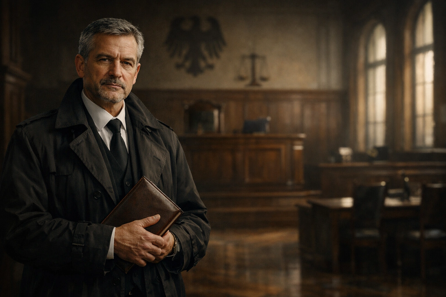 Nachdenklicher deutscher Inspektor steht in historischem Gerichtssaal mit Notizbuch bei warmem Licht.