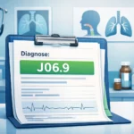 Medizinische Akte mit Diagnosecode J06.9 auf Klemmbrett in Arztpraxis, Lungenposter im Hintergrund.