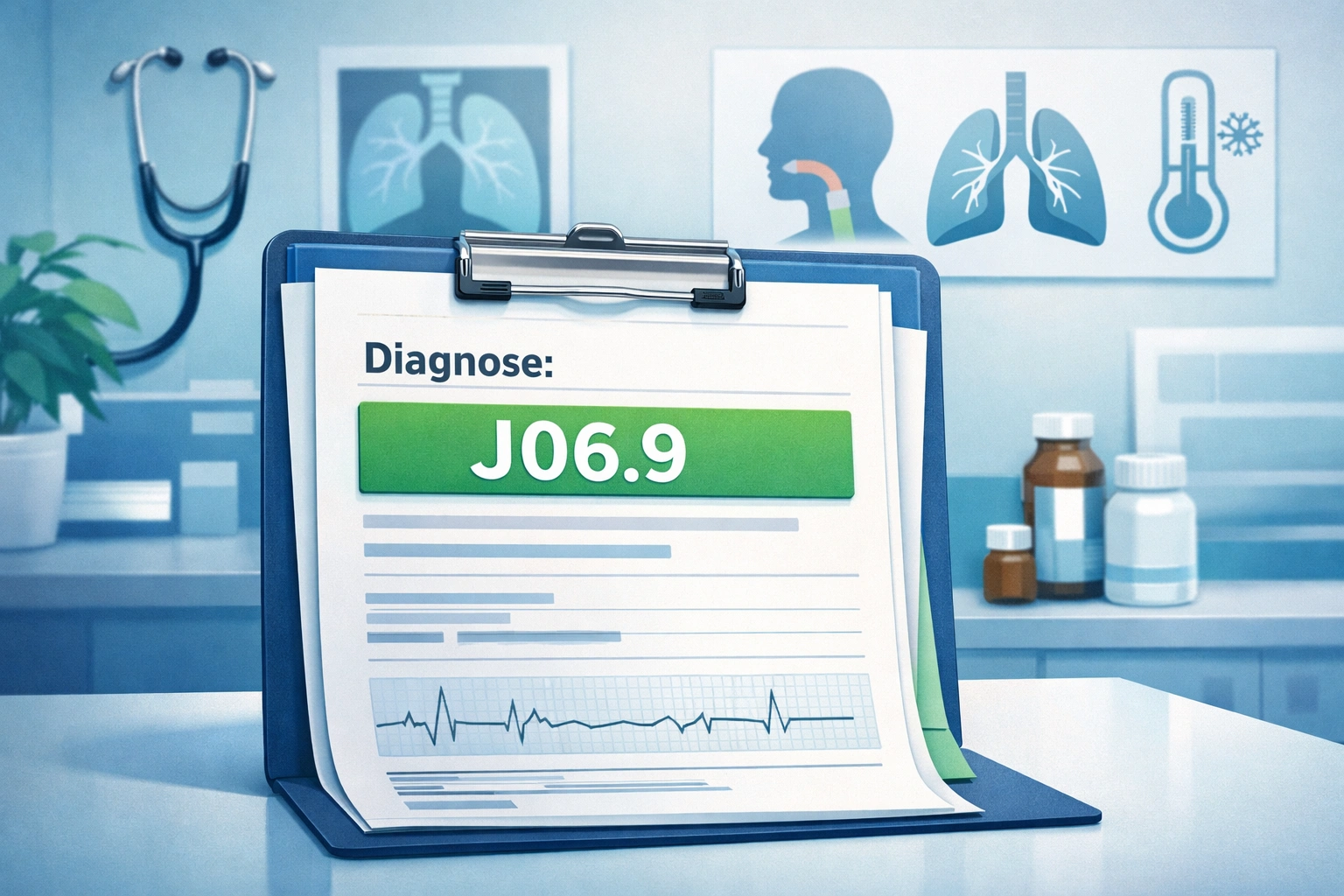 Medizinische Akte mit Diagnosecode J06.9 auf Klemmbrett in Arztpraxis, Lungenposter im Hintergrund.