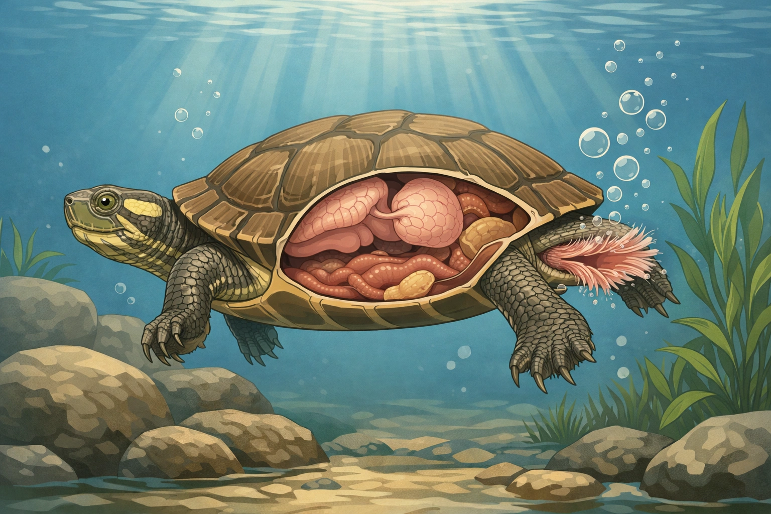 Unterwasserillustration einer Süßwasserschildkröte mit Schnittansicht zur Atmung über die Kloake pur.