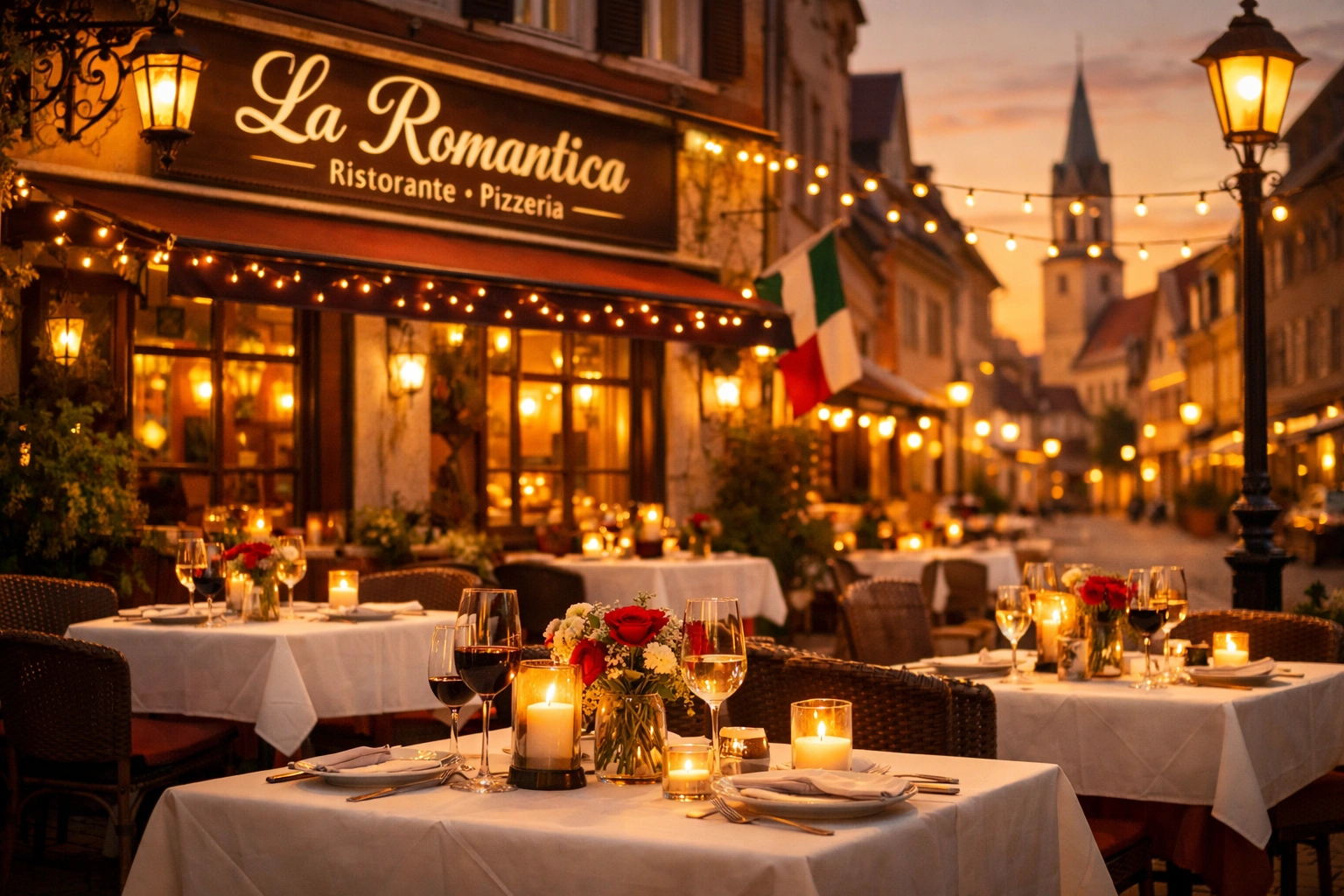 Abendliche Außenansicht des italienischen Restaurants La Romantica in Bad Saulgau mit Kerzenlicht, warm.