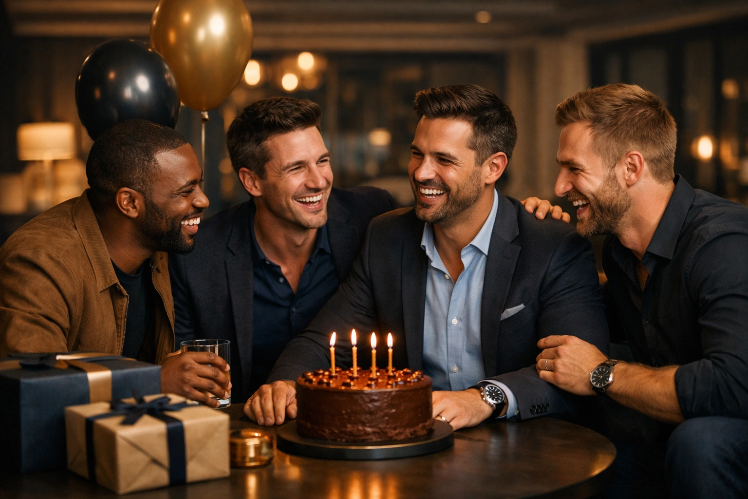 Vier gut gekleidete Männer lachen gemeinsam bei einer stilvollen Geburtstagsfeier mit Kuchen und Geschenken.