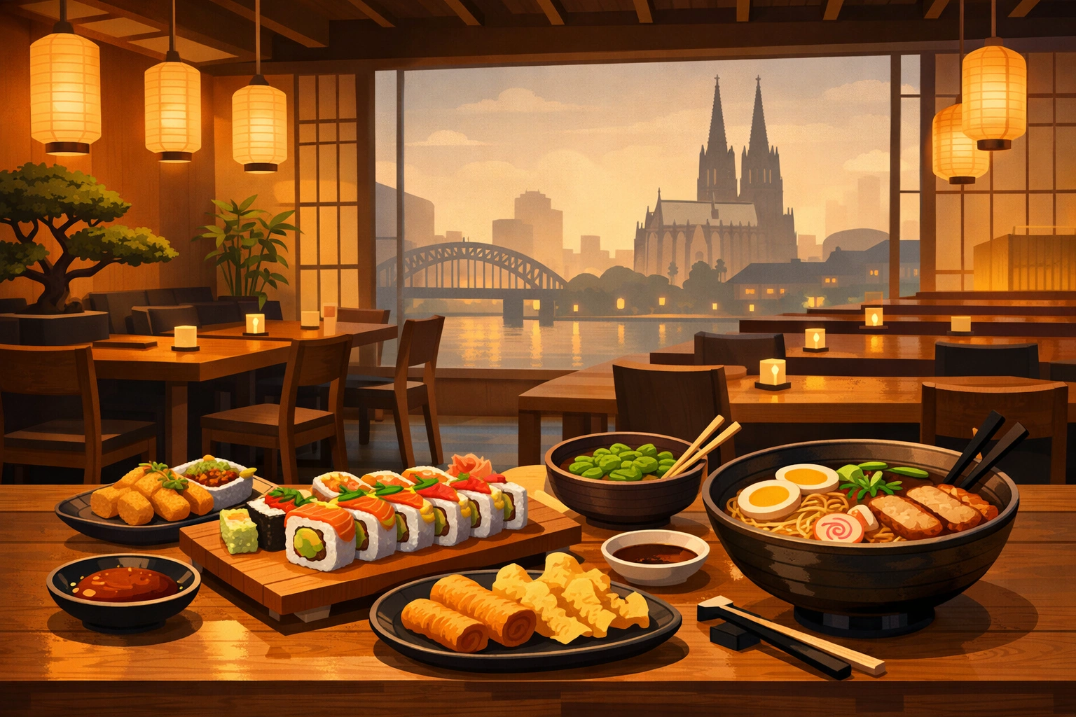 Stilvolle Illustration eines japanisch-asiatischen Restaurants in Köln mit Sushi, Ramen und warmer Atmosphäre.