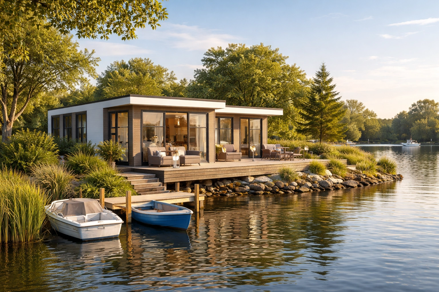 Modernes Mobilheim auf der Grav-Insel mit Holzterrasse, Wasserblick, Booten und ruhiger Natur in sonniger Lage.