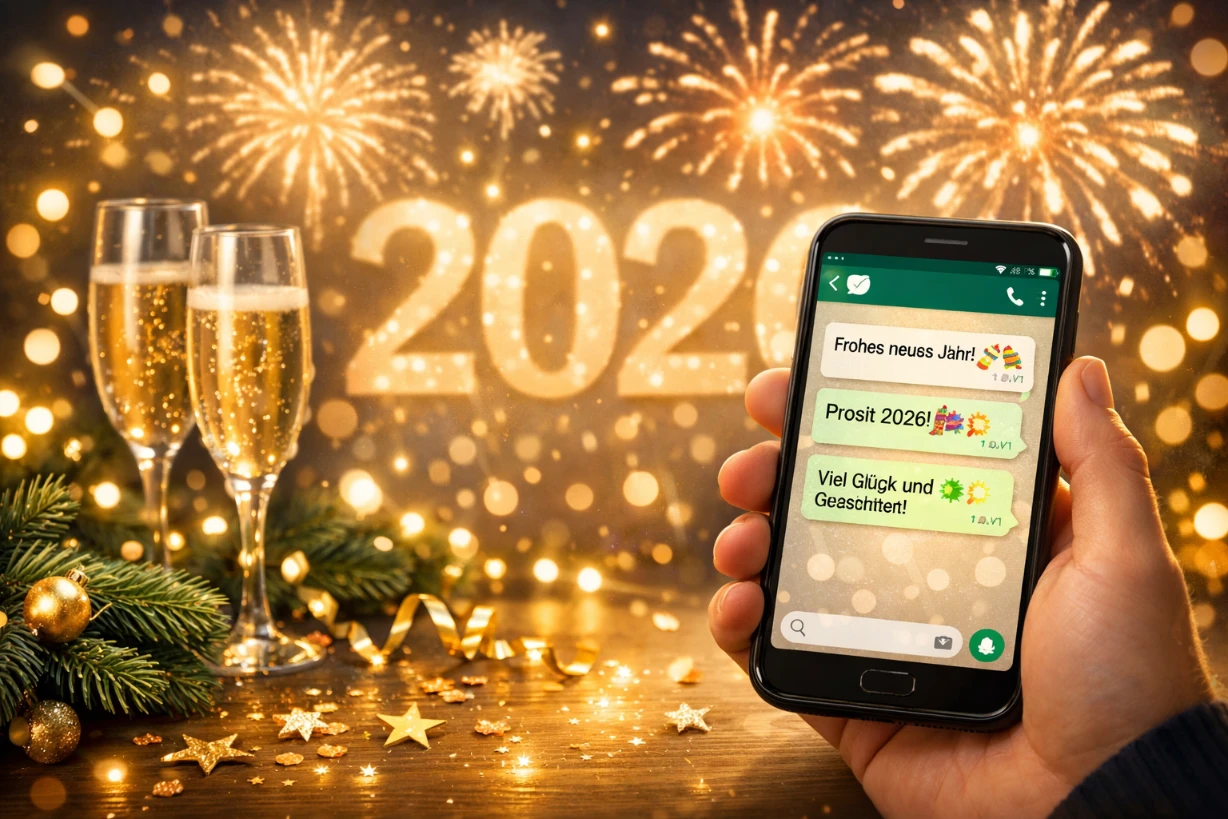 Festliches Neujahrsbild 2026 mit Feuerwerk, Smartphone und WhatsApp-Glückwünschen in winterlicher Stimmung.