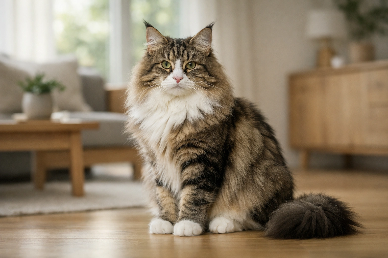 Norwegische Waldkatze sitzt ruhig in hellem Wohnzimmer mit skandinavischem Design und Fensterlicht.