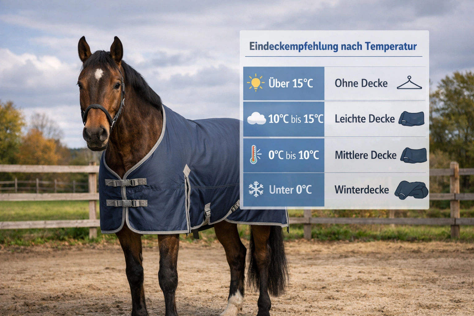 Braunes Pferd mit Decke auf der Weide, daneben übersichtliche Temperaturtabelle zum Eindecken Pferd!