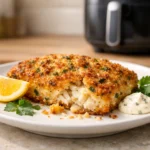 Knuspriges Schlemmerfilet aus dem Airfryer auf weißem Teller, goldbraun gebacken, mit Zitrone und Kräutern angerichtet.