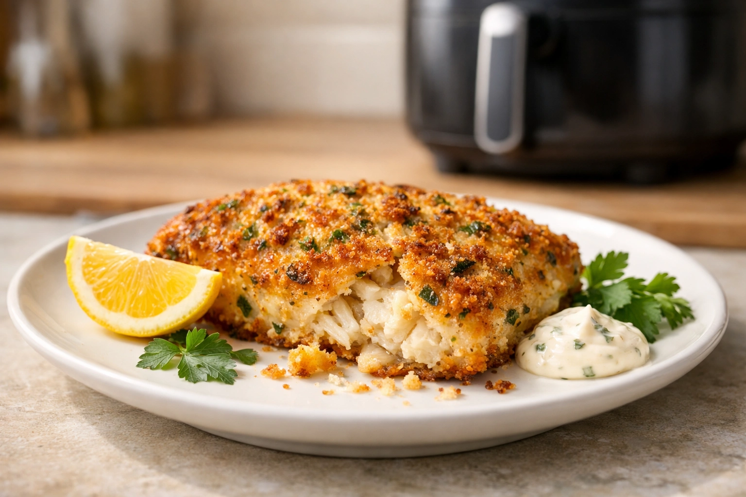 Knuspriges Schlemmerfilet aus dem Airfryer auf weißem Teller, goldbraun gebacken, mit Zitrone und Kräutern angerichtet.