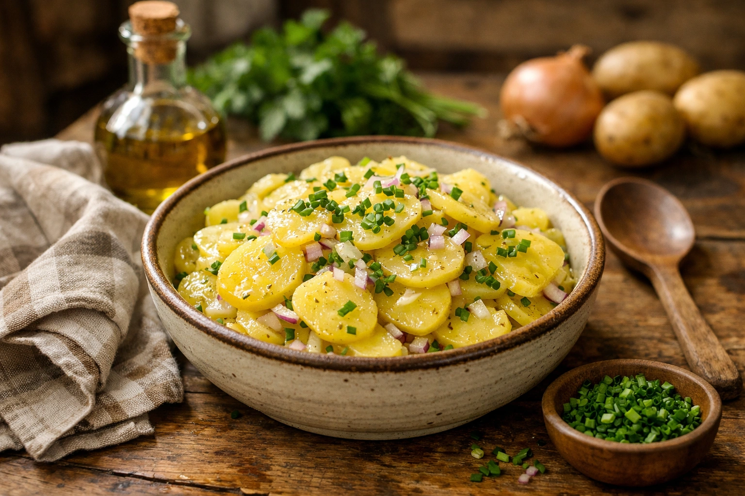 Schwäbischer Kartoffelsalat in Keramikschüssel auf Holztisch, warm, mit Zwiebeln und Schnittlauch