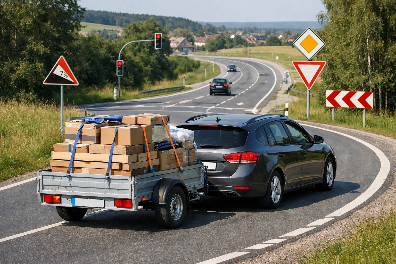 Pkw zieht voll beladenen, ungebremsten Anhänger auf Landstraße mit Gefälle und Verkehrsschildern.