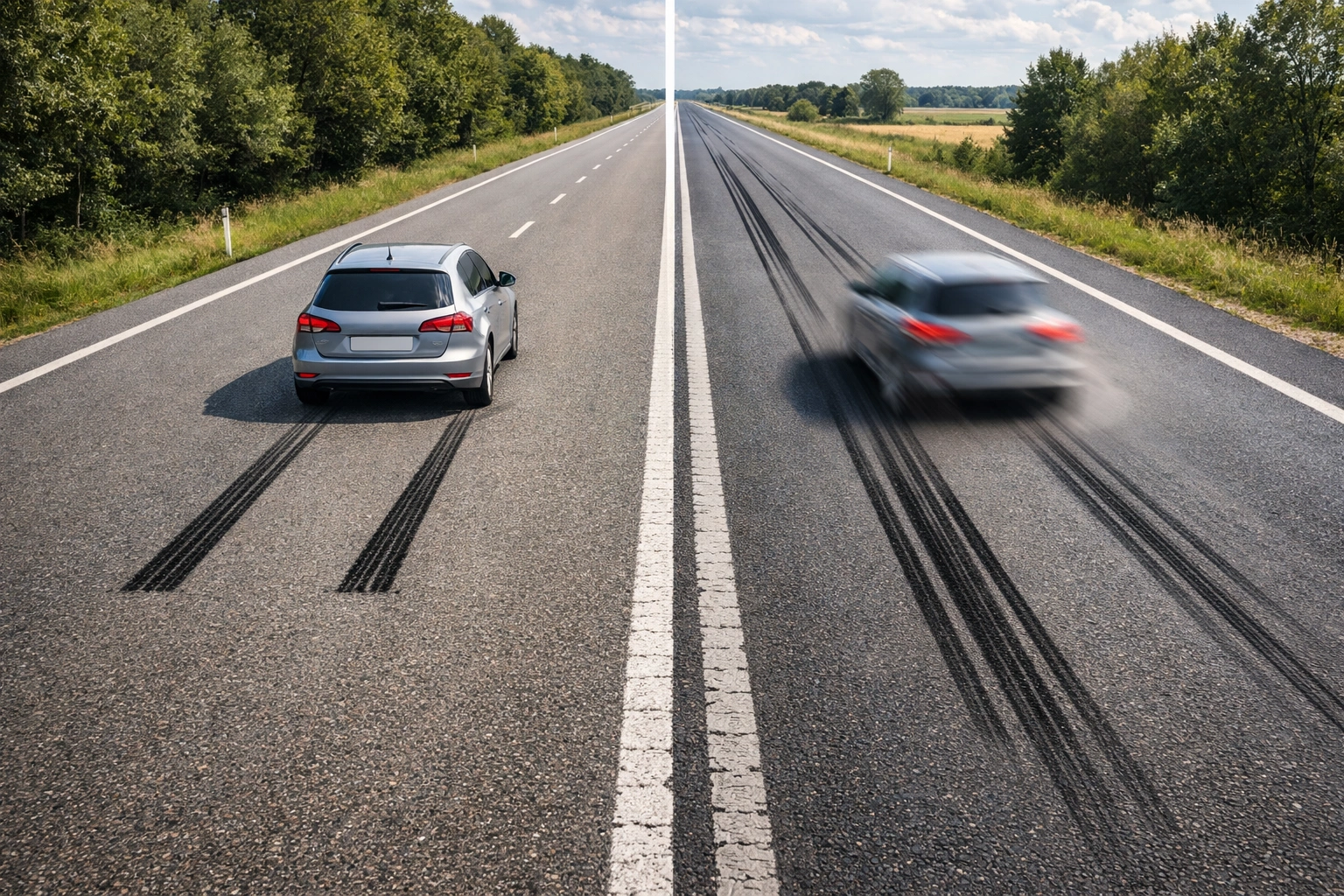 Geteilte Straße zeigt Auto bei normaler und doppelter Geschwindigkeit mit deutlich längerem Bremsweg.