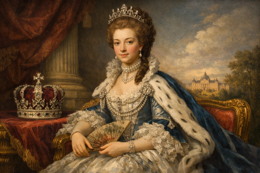 Porträt von Sophie Charlotte zu Mecklenburg-Strelitz im prunkvollen Hofkleid mit Krone, Perlen und Fächer.