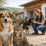 Hund und Katze im Hof eines modernen Tierheims, Pfleger interagiert liebevoll mit Hund am Morgen.
