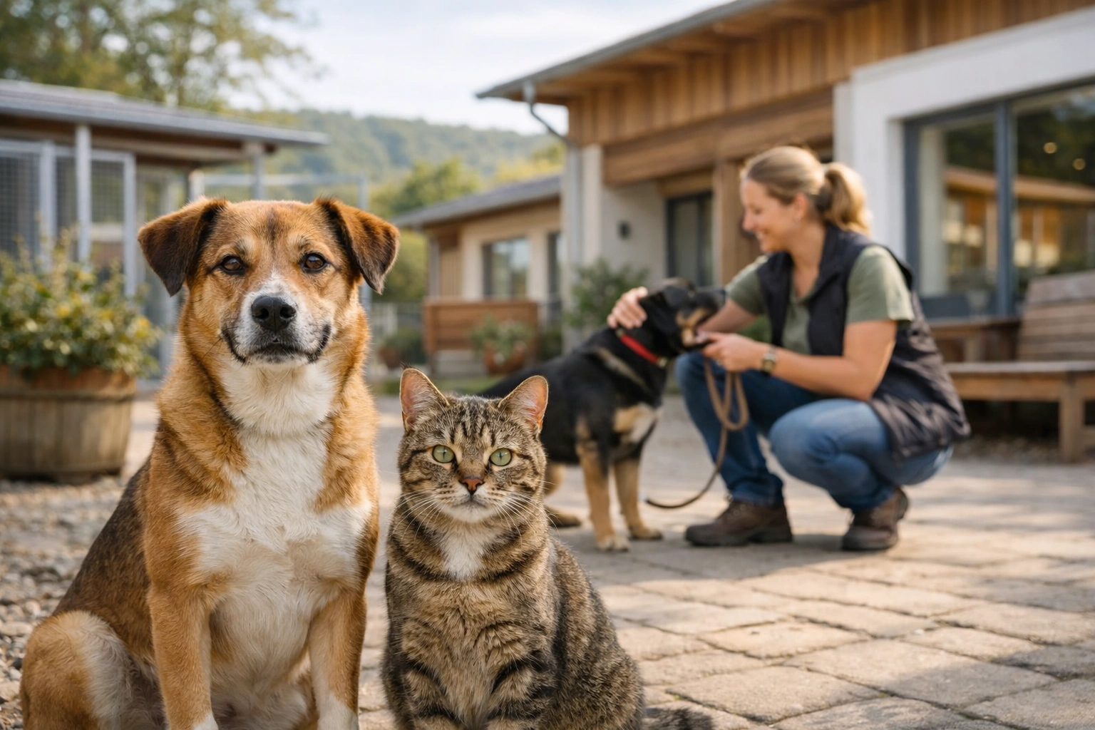 Hund und Katze im Hof eines modernen Tierheims, Pfleger interagiert liebevoll mit Hund am Morgen.