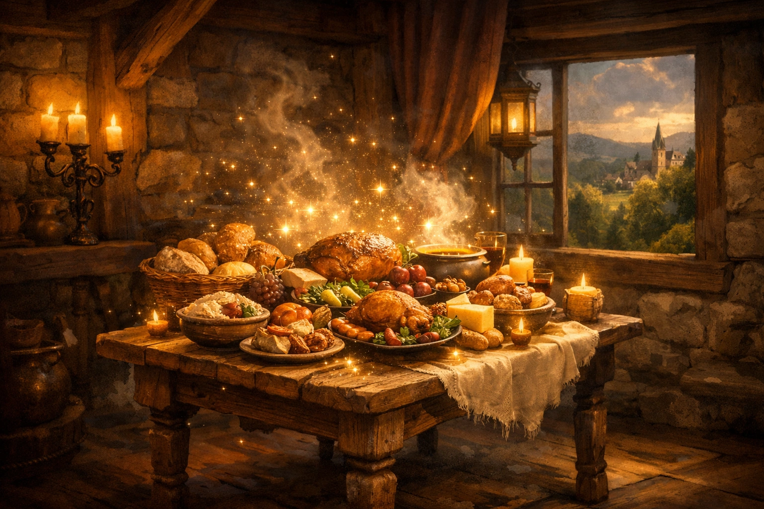 Verzauberter Tisch mit reich gedecktem Festmahl in einer warmen mittelalterlichen Stube aus Holz.