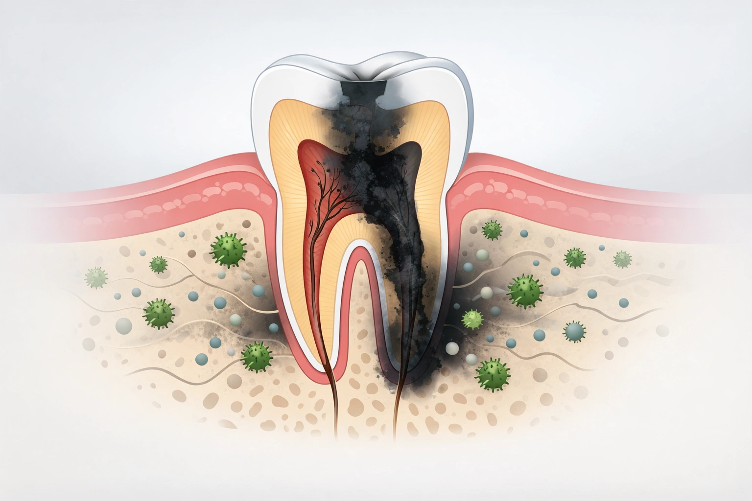 Medizinische Illustration eines Zahns im Querschnitt mit abgestorbener Wurzel und Bakterien im Gewebe.