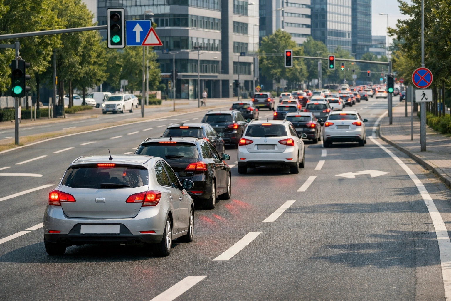 Stockender Stadtverkehr mit abbremsendem Auto, ausgelöster Verkehrswelle und Ampeln vor Bürogebäuden.