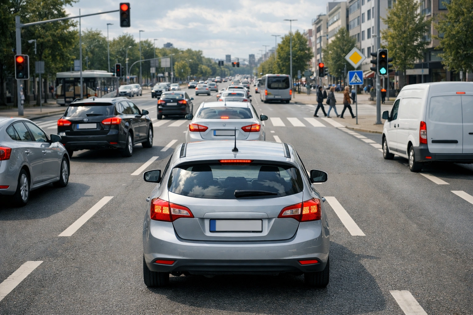 Defensives Fahren in der Stadt: Auto hält Abstand und reagiert ruhig im dichten Verkehr.