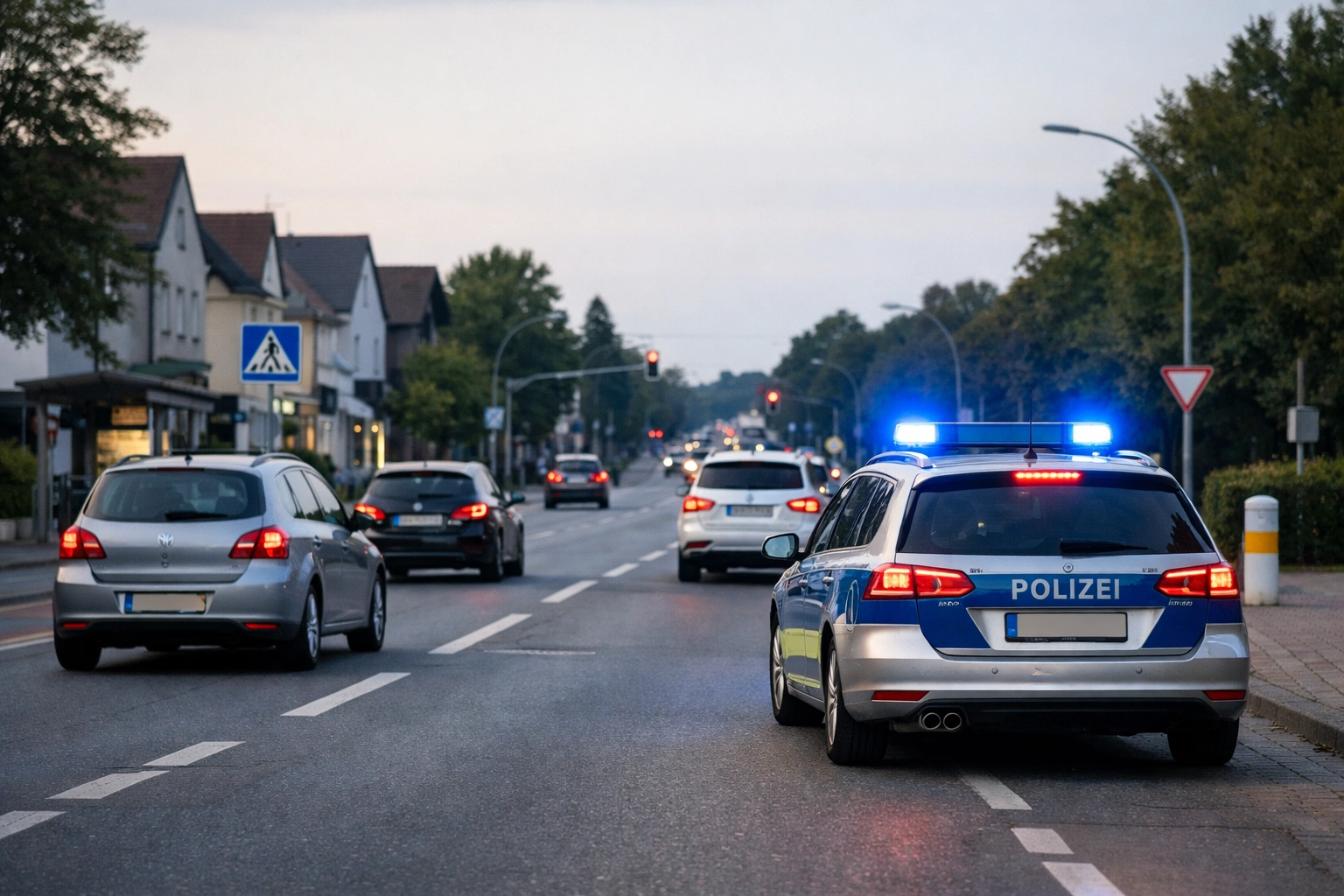 Polizeiauto mit blauem Blinklicht fährt langsam durch deutsche Straße, andere Autos halten Abstand.