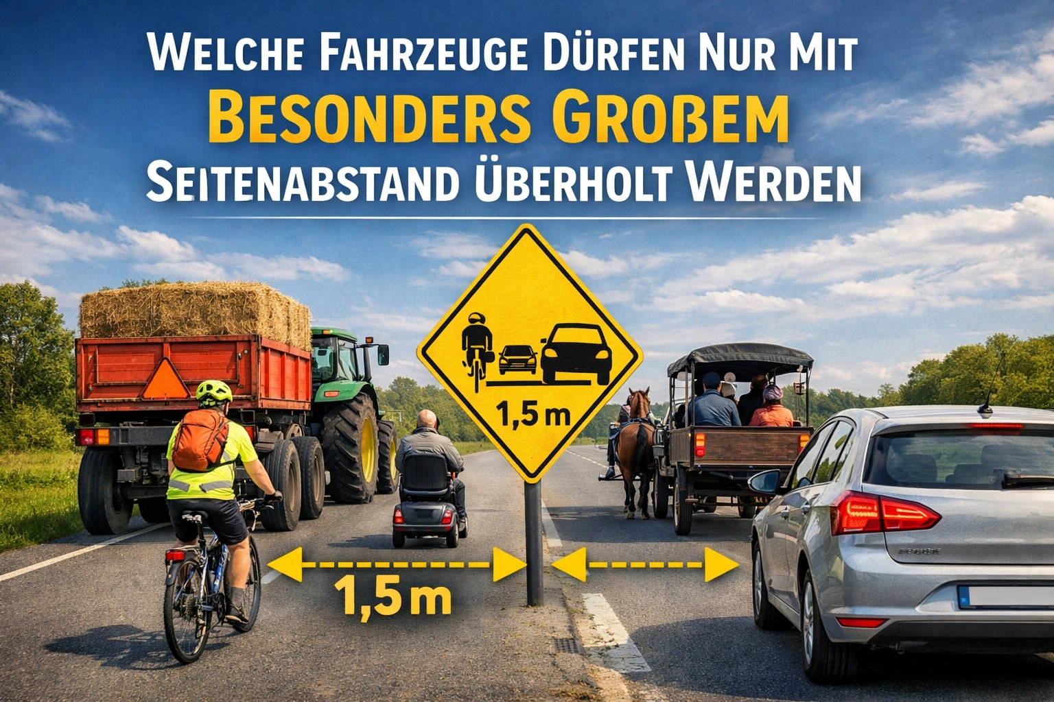 Auto überholt Radfahrer, Traktor und Pferdekutsche mit großem Seitenabstand auf Landstraße sicher we.