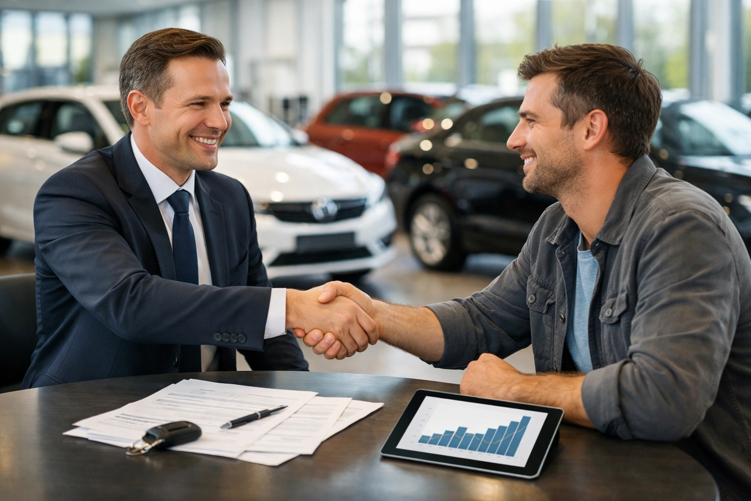 Autoverkäufer und Kunde geben sich im hellen Autohaus die Hand, Finanzierungsunterlagen liegen auf dem Tisch.