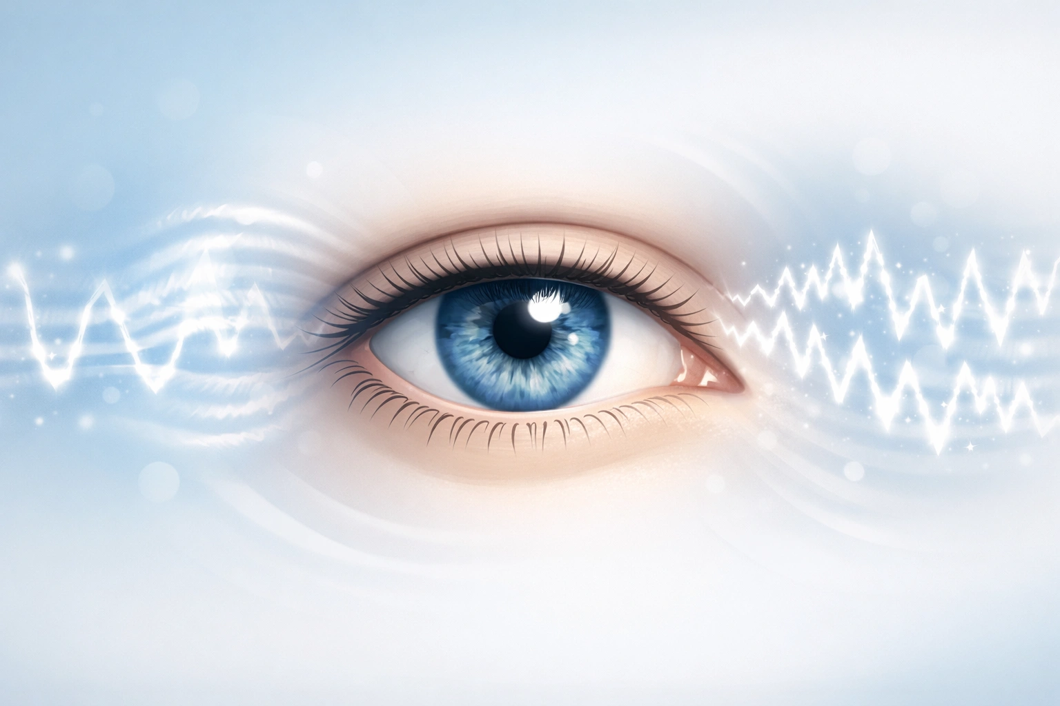 Stilisiertes Auge mit wellenartigem Flimmern und Lichtzacken, die visuelle Störungen zeigen.