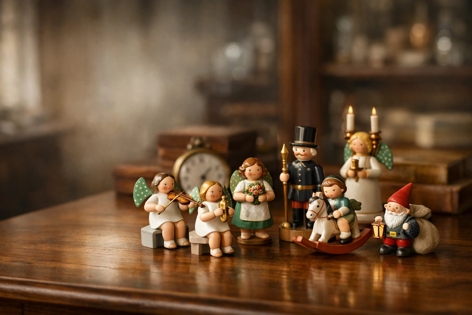 Sammlung handbemalter Wendt-&-Kühn-Figuren auf Holztisch, Engel und Erzgebirge im warmen Licht.