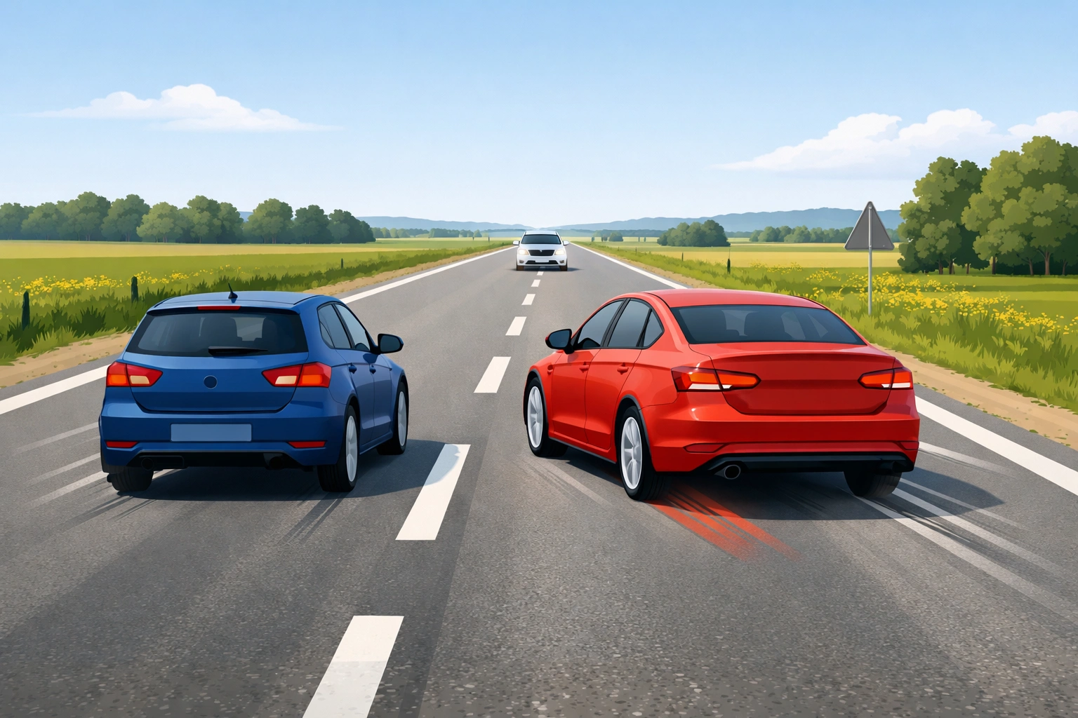 Auto überholt auf gerader Landstraße, während ein entgegenkommendes Fahrzeug eine gefährliche Situation erzeugt.