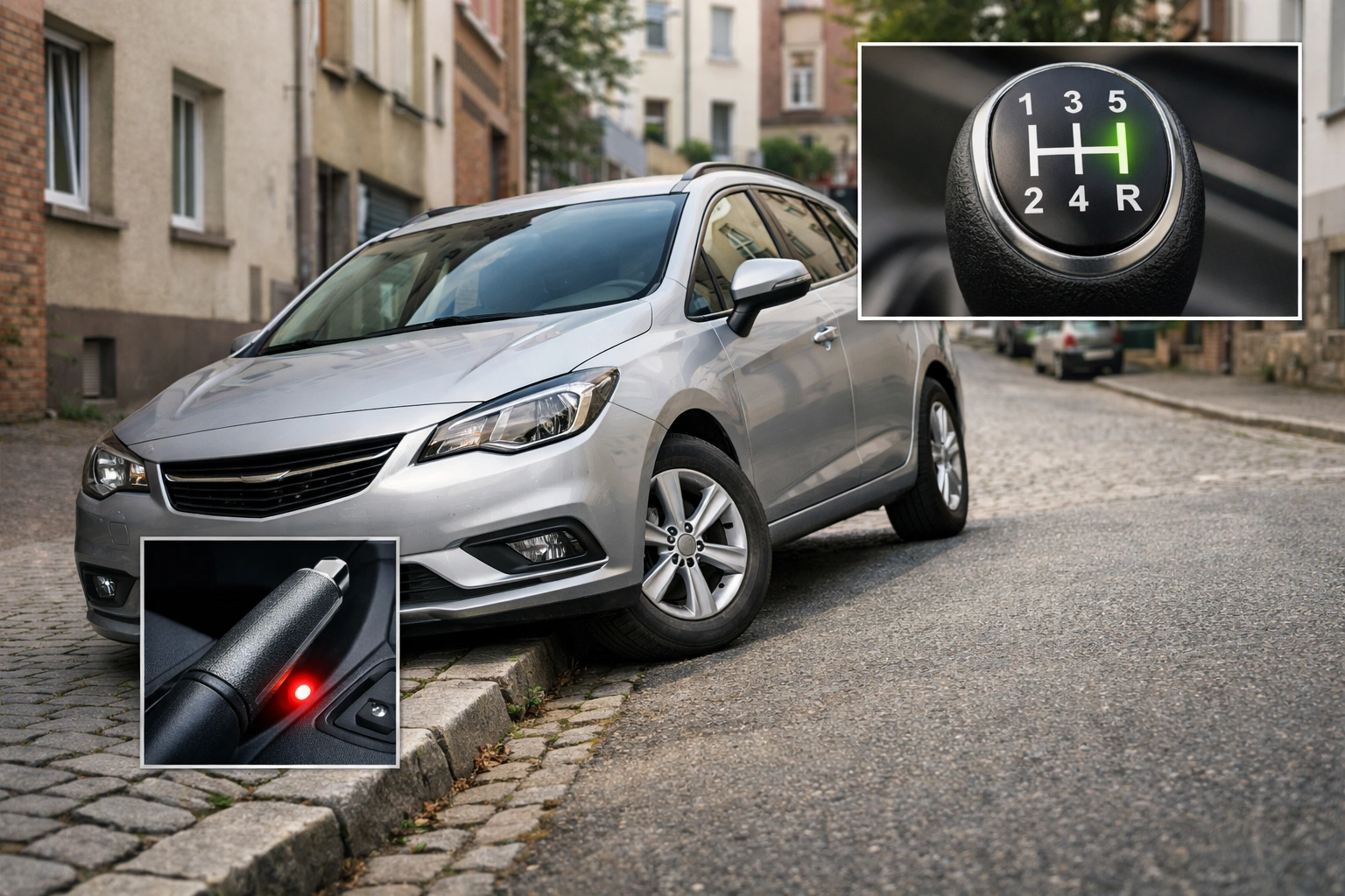 Silberner Pkw am steilen Bordstein, Räder eingeschlagen, Handbremse und Gang eingelegt am Berg sicher.