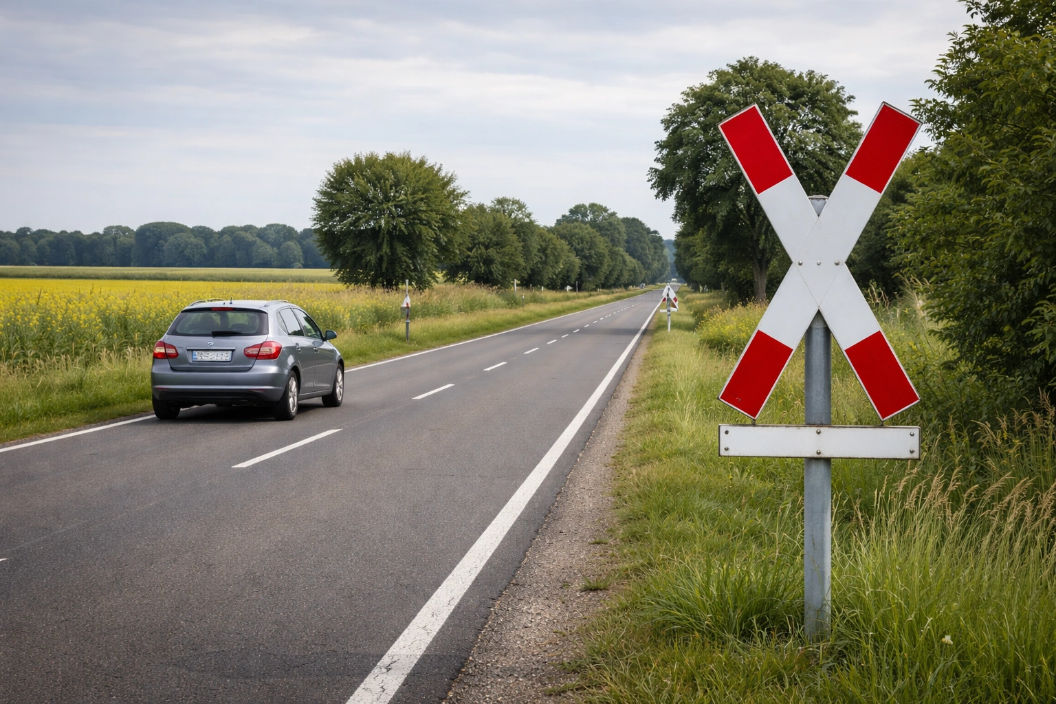 Andreaskreuz an Landstraße, Auto korrekt geparkt mit Abstand, ruhige außerörtliche Umgebung in DEOrt.