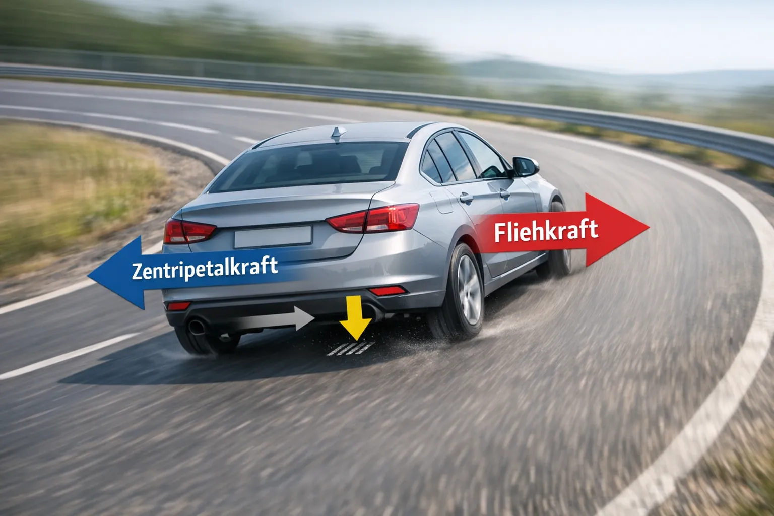 Auto fährt durch Kurve, Pfeile zeigen Fliehkraft, Zentripetalkraft und Reifenhaftung bei Kurvenfahrt.