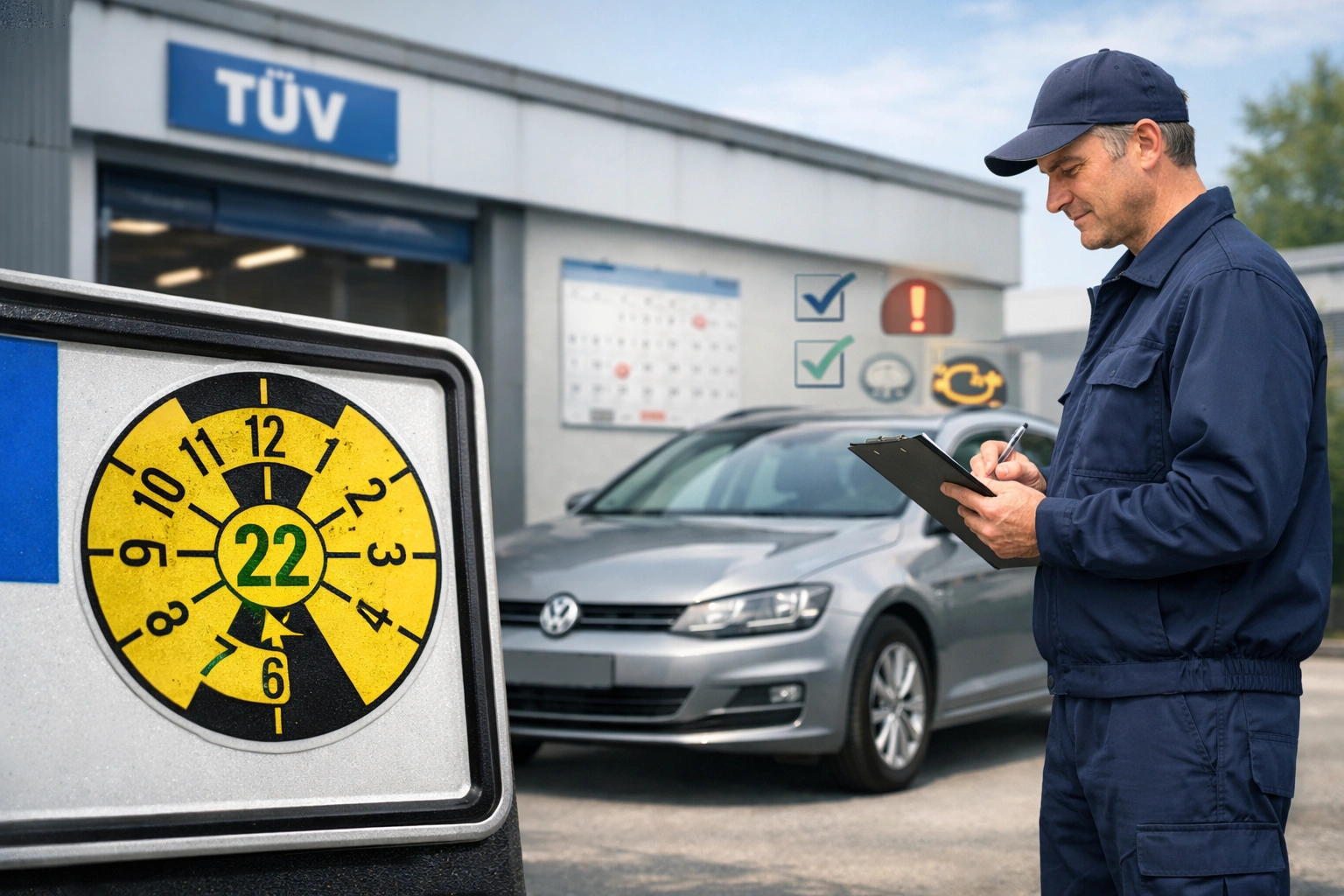 Fahrzeug bei der TÜV-Hauptuntersuchung mit HU-Plakette und Prüfer vor moderner Prüfstelle