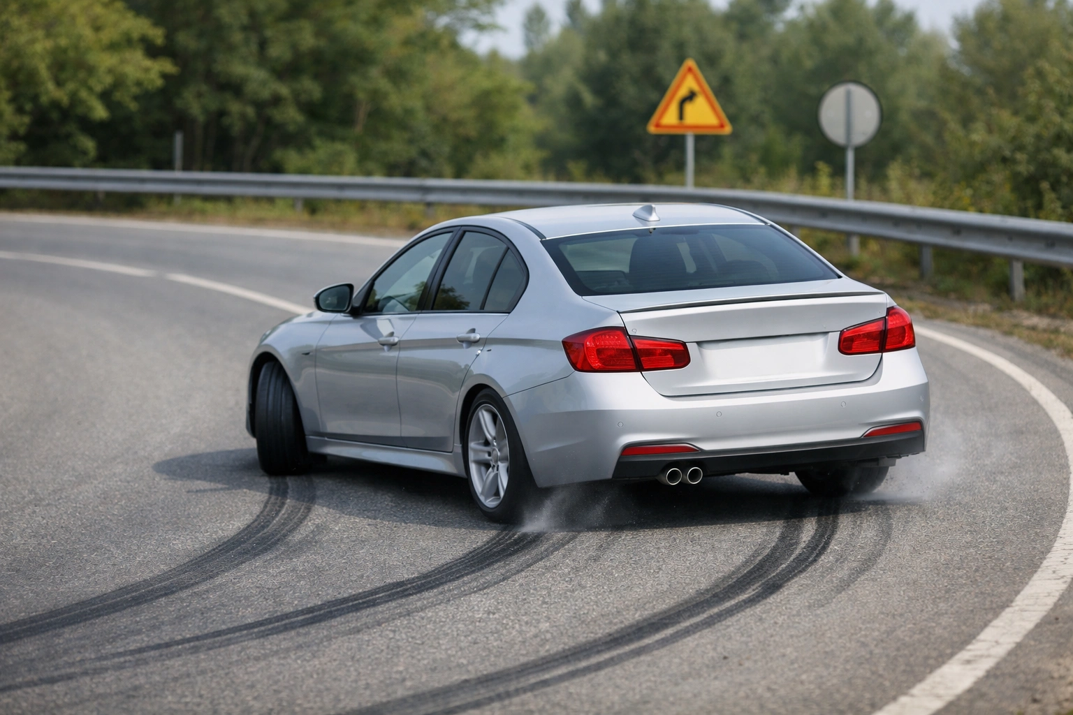 Pkw mit Hinterradantrieb gerät in einer Kurve ins Übersteuern, Heck rutscht auf trockener Straße.