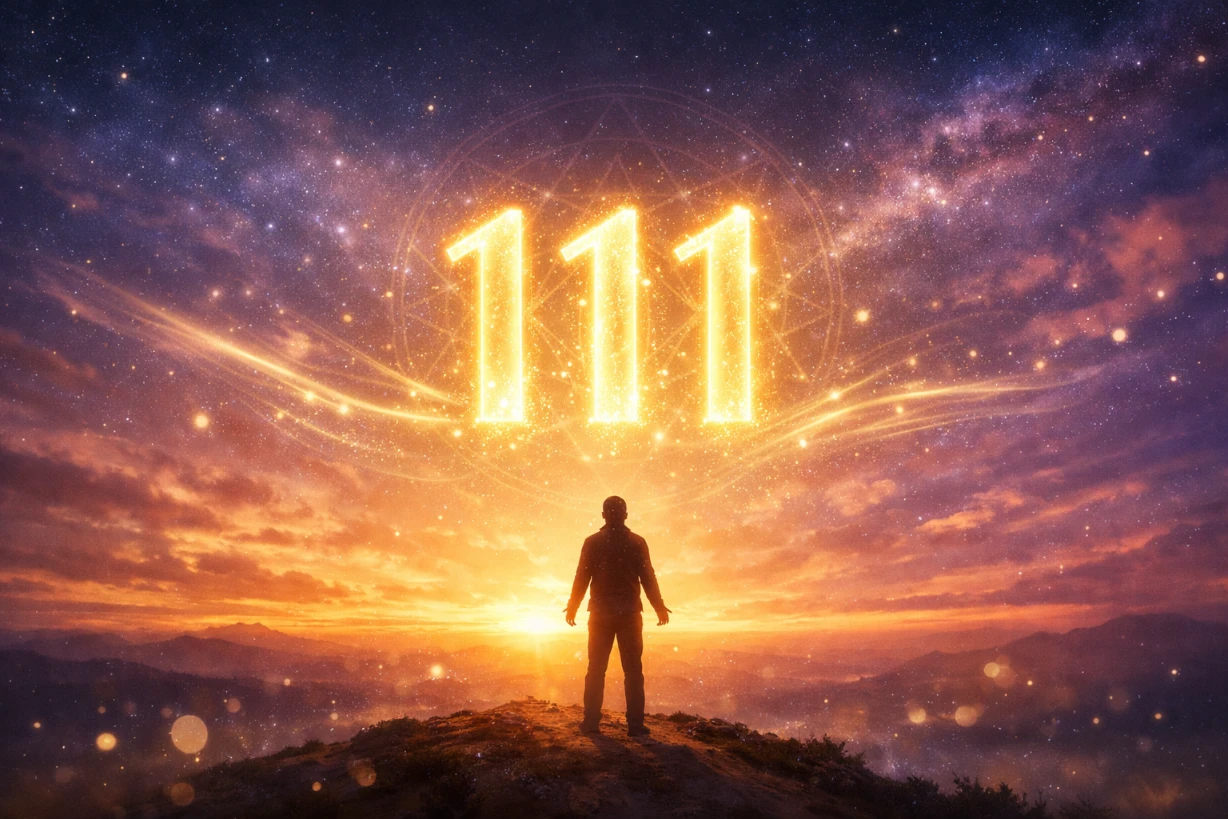 Leuchtende 111 über einer Silhouette im kosmischen Sonnenaufgang voller Energie und Hoffnung.